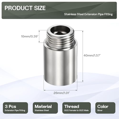 Shower Head Extension Arm, 304 Stainless Steel G1/2 Male to Female Thread 40mm/1.57" Length Extender Pipe Fitting Nipple for Showers, Faucets, and Plumbing with PTFE Thread Seal Tape 3 Pack - size: 40mm/1.57"