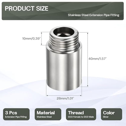Shower Head Extension Arm, 304 Stainless Steel G1/2 Male to Female Thread 40mm/1.57" Length Extender Pipe Fitting Nipple for Showers, Faucets, and Plumbing with PTFE Thread Seal Tape 3 Pack - size: 40mm/1.57"