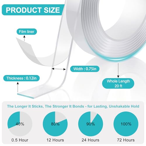 P7yaumy Double Sided Tape Heavy Duty 0.75in×20ft, Nano Tape Double Sided, Removable Traceless Two Sided Adhesive Tape, Clear Mounting Tape Double Sided Tape for Walls, Hanging Picture,Poster,Carpet - size: 0.75in×20feet