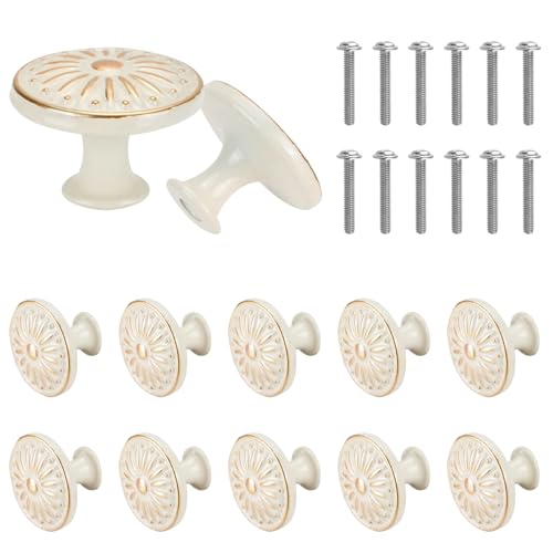 12PCS Antique Cabinet Knobs with Screws, Vintage Flower Pattern Round Kitchen Cupboard Handles 1.18'' Drawer Knobs Retro Bronze Cabinet Pull Handles for Wardrobe Door - color: Ivory White