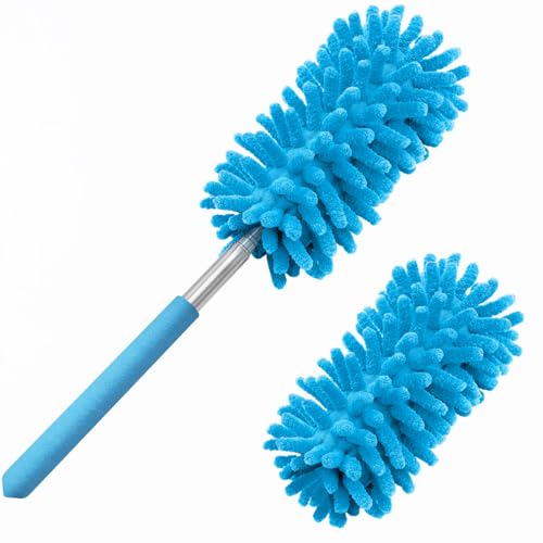 Microfiber Duster for Cleaning, Tukuos Hand Washable Dusters with 2pcs Replaceable Microfiber Head, Extendable Pole, Detachable Cleaning Brush Tool for Office, Car, Window, Furniture, Ceiling Fan - color: Blue, size: 2 Attachments