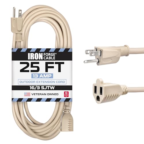 Iron Forge Cable Weatherproof 25 Ft Outdoor Extension Cord - 16/3 SJTW Heavy Duty Light Brown Extension Cord 3 Prong - 13 Amp Exterior Power Cable - color: Beige, size: 25 FT