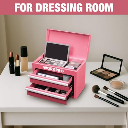 WORKPRO Metal Mini Tool Box, Top Tool Chest containing Two Drawers with Ball Bearing Slides, PVC Drawer Liners and PP Feet Pads, Cold Rolled Steel Small Toolbox for Multi-Purpose Storage - Pink Ribbon - color: Pink