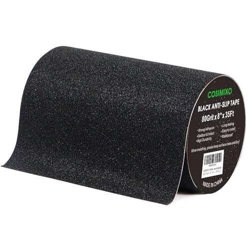 COSIMIXO 8" x 35Ft Heavy Duty Anti Slip Tape,Best 80grit Friction,Grip,Abrasive for Stairs Outdoor/Indoor,Skateboard Grip Tape Safety Non Skid Tread Staircases Anti-Slip Traction Tape Black - size: 8" x 35Ft Black