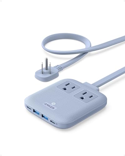 Anker Travel Power Strip, Anker Nano 67W Max 6-in-1 USB C Charger, 2 AC, 2 USB A and 2 USB C, 5ft Thin Undetachable Flat Plug Extension Cord with Multiple Outlets, Travel Essentials, Cruise Essentials - color: Ice Lake Blue