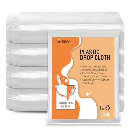 Clear Plastic Sheeting Drop Cloths for Painting, 5 Pcs 9x12ft Plastic Tarp Waterproof Dustproof Almost Tear Resistance Multi-Purpose Furniture Cover Floor Wall Protection Film