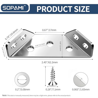SOPAMI Universal Stainless Steel Corner Brackets 20PCS, Heavy Duty L Shape Furniture Corner Braces with Screws, Metal Angle Connector for Shelves, Cabinets, Tables, Beds, Woodworking Projects