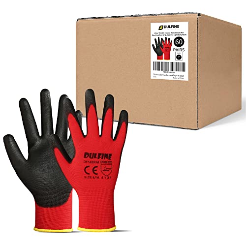 DULFINE Safety Work Gloves PU Coated-60 Pairs,Red Seamless Knit Glove with Polyurethane Coated Smooth Grip on Palm & Fingers, for Men and Women, Ideal for General Duty Work (Small) - color: Red 60 Pairs, size: Small