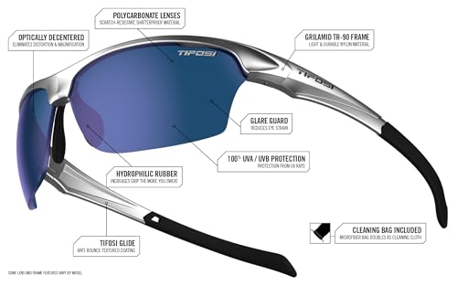 Tifosi Intense Sport Sunglasses Men & Women - Ideal For Golf, Pickleball, Running & Tennis. Vented Lenses Prevent Fogging - color: Silver W/Smoke Lens Blue Mirror
