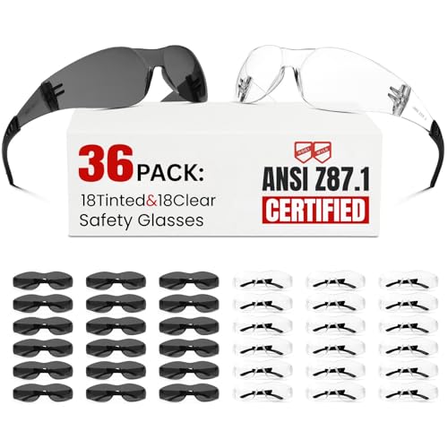 ANSI Z87.1 Safety Glasses Men Women 36 pack(18pack clear safety glasses+18pack safety sunglasses) Scratch & Impact Resistant eye protection glasses for Construction, Outdoor Sports & Work - color: 18-clear+18-grey