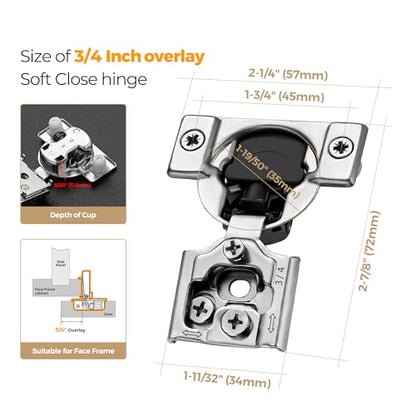 Ravinte 2 Pack 1 Pair 3/4 inch Overlay Soft Close Kitchen Cabinet Hinges Stainless Steel Adjustable Kitchen Hinges Satin Nickel Cabinet Hardware - size: 3/4 inch Overlay