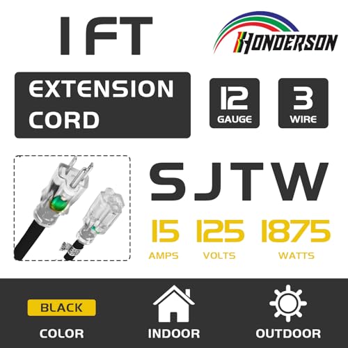 Extension Cord with Lighted End, UL Certified, 12 Gauge 1FT Black 3 Prong Heavy Duty, 12/3 SJTW 15A Power Cord for Lights, Lawn - size: 1FT, style: 12/3