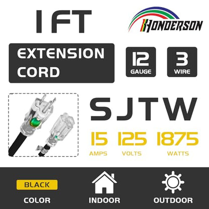 Extension Cord with Lighted End, UL Certified, 12 Gauge 1FT Black 3 Prong Heavy Duty, 12/3 SJTW 15A Power Cord for Lights, Lawn - size: 1FT, style: 12/3