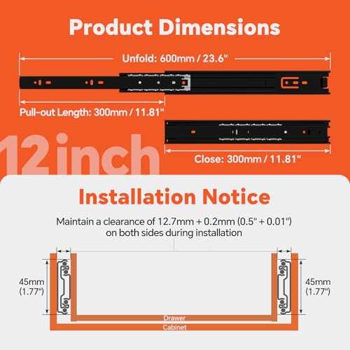 ToBeGreat 1 Pair Side Mount Drawer Slides Rails 12 Inch 100 LB Load Capacity, Full Extension Ball Bearing Metal Replacement Dresser Runners Cabinet Trash Can Slider Kitchen Glides (Black,304.8mm) - color: Black-1 pair, size: 12 Inch