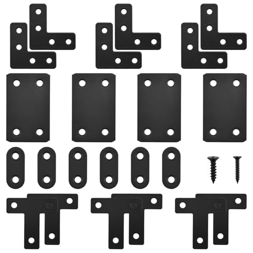 22 Pack Stainless Steel Fixing Flat Bracket Set Including Right Angle Brace Flat Straight Brace L Corner Brackets T-Shape Corner Brace with Screws ( Black )