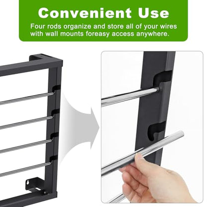SELEWARE Heavy Duty Wall-Mounted Wire Spool Rack – Cable Reel Holder and Dispenser with 4 Adjustable Stainless Steel Rods for Industrial, Electrical, and Retail Storage and Display (Black) - color: C: Black Wall Mounted Wire Spool Rack (4 Rods)