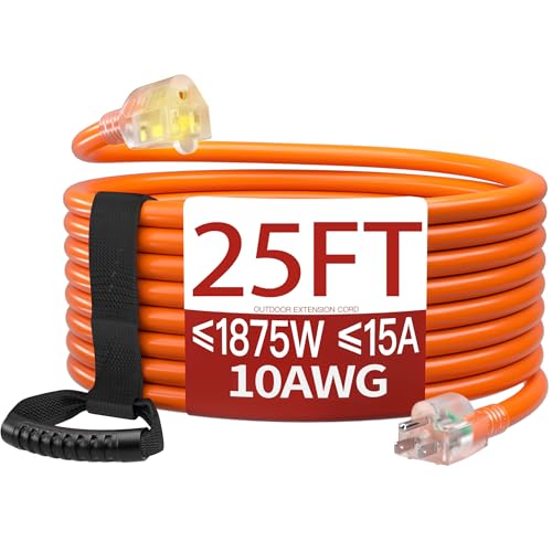 25 FT 10 Gauge Extension Cord Outdoor, Heavy Duty Weatherproof & Flame Retardant Orange 3 Prong Power Cord with Light, Outside for Lawn & Garden, 15 Amps 1875 Watts 125 VAC 10AWG SJTW, ETL Listed - color: Orange, size: 25FT, style: 10AWG
