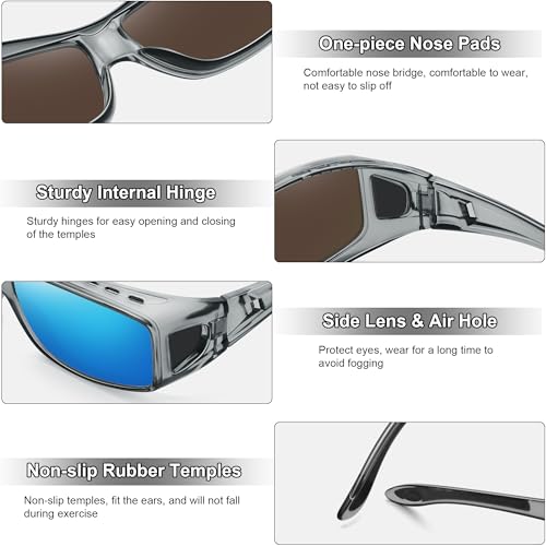 MEETSUN Fit Over Glasses Sunglasses for Men Women,Wrap Around Sunglasses Polarized UV400 Protection - color: A1-clear Gray Frame-blue Mirror Lens