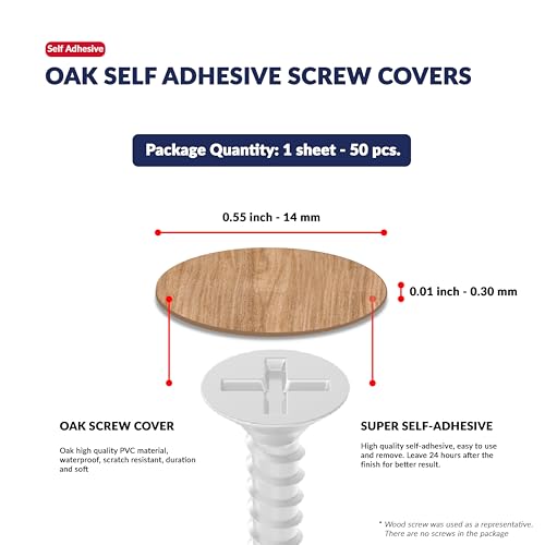 Oak Self-Adhesive Screw Hole Stickers - 50 pcs. 0.55 inch / 14 mm Peel Stick Dust Proof Tape, Water Resistance PVC Caps for Wood Cabinets, Furniture, Drawer, Wardrobe, Kitchen, Table - color: Oak, size: 0.55 inch - 14 mm