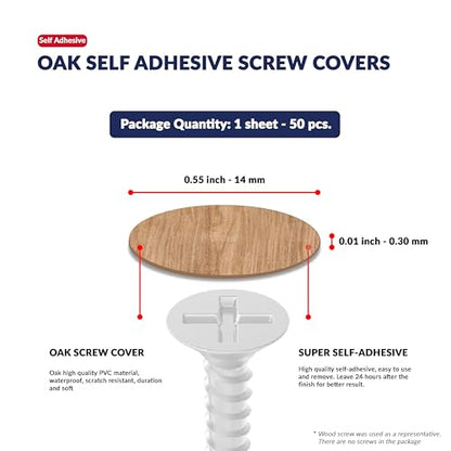 Oak Self-Adhesive Screw Hole Stickers - 50 pcs. 0.55 inch / 14 mm Peel Stick Dust Proof Tape, Water Resistance PVC Caps for Wood Cabinets, Furniture, Drawer, Wardrobe, Kitchen, Table - color: Oak, size: 0.55 inch - 14 mm