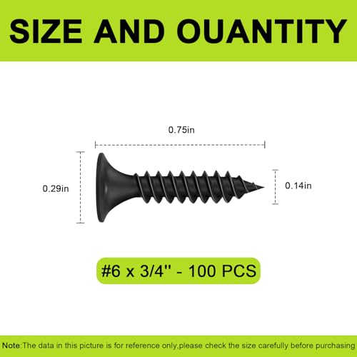 #6 x3/4" Black Wood Screws -100Pcs, Phillips Head Fast Flat Self-Tapping Screw, Coarse Thread Drywall Screws, Carbon Steel, for Wood Plastic&Drywall - color: #6 x 3/4" -100 Pcs