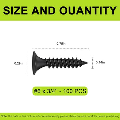#6 x3/4" Black Wood Screws -100Pcs, Phillips Head Fast Flat Self-Tapping Screw, Coarse Thread Drywall Screws, Carbon Steel, for Wood Plastic&Drywall - color: #6 x 3/4" -100 Pcs