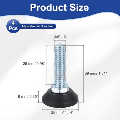 uxcell 3/8"-16 Thread Furniture Feet Levelers, 4Pcs 25mm l Adjustable Furniture Feet Screw in Threaded Leveling Leg Screw on Chair Foot Glides Leveling for Table Chair Cabinet Black - size: 3/8"-16 25mm