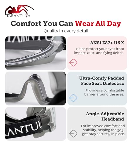 Tarantula ANSI Z87.1+ Safety Goggles Over Glasses, Anti-Fog & Anti-Scratch, Adjustable Strap, Lab Eye Protection, Woodworking - color: Clear & Grey