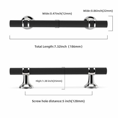 10 Pack 5 Inch Cabinet Pulls knurled Matte Black and Polished Chrome Kitchen Cabinet Handles Aluminum and Zinc Alloy Drawer Pulls Solid Cabinet Hardware - color: Black and Polished Chrome Knurled, size: 5'' Hole Center(128mm)