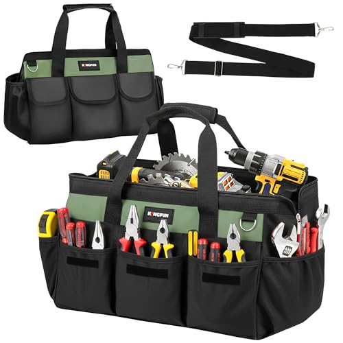 Kingfun 16 Inch Heavy Duty Tool Bag with 14 Pockets, Wide Mouth Tool Bag Organizer with Adjustable Shoulder Strap & Padded Handle, Durable Tool Storage Bag for Electricians, Mechanics & more (Green) - color: Green