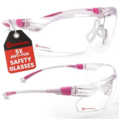 Safety Glasses – ANSI Z87 Certified, 5X Anti-Fog ClearShield™ Lenses with Premium Hard Case & Accessory Bundle - color: Pink & White / Clear