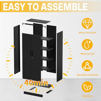 Metal Storage Cabinet with 2 Doors and 4 Adjustable Shelves, 72" Garage Storage Cabinet with Lock, Tall Garage Cabinets for Office, Home, Garage, Gym, School - size: 72.05"H x 17.72"D x 35.43"W