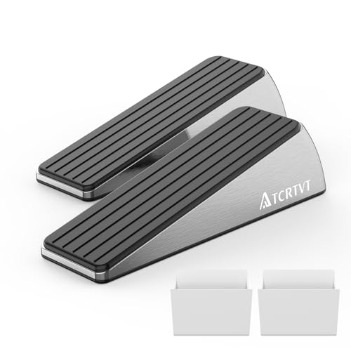 Heavy Duty Door Stopper Wedge - 2 Pack Big Size Door Stop Wedge Made of Aluminum Alloy Metal Suits Any Door, Any Floor with Set of 2 Plus Self-Adhesive Holder Satin Nickel Large Version - color: Brushed Nickel, size: X-Large