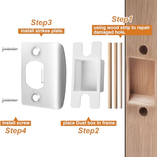 4 Pack Door Latch Strike Plate-Stainless Steel Door Lock Strike Plate Repair Kits-Standard Door Latch Restorer Reinforcement Plate with 6 Wood Dowel Strips for Home Office Door Frame Repair