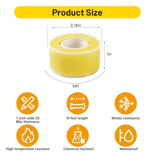 2-Pack Yellow Rubber Splicing Tape (20 Ft Total) - Self Fusing Emergency Repair Tape for Wiring & Marking - Non-Slip Silicone Grip for Handlebars - Easy-Peel Liner, 1 Inch x 10 Feet - color: Yellow