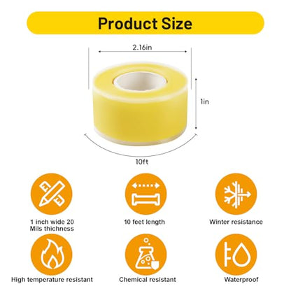 2-Pack Yellow Rubber Splicing Tape (20 Ft Total) - Self Fusing Emergency Repair Tape for Wiring & Marking - Non-Slip Silicone Grip for Handlebars - Easy-Peel Liner, 1 Inch x 10 Feet - color: Yellow