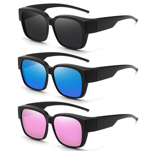 HAOLOTA Polarized Fit Over Glasses Sunglasses for Men Women,UV400 Protection Wrap Around Shades for Driving & Outdoor - color: A06 Black/Grey + Black/Blue + Black/Pink