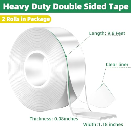 YMHB Double Sided Tape Heavy Duty, Nano Tape Double Sided Mounting Tape(2 Rolls, Total 19.6FT), Removable Transparent Adhesive Tape, Clear Two Sided Poster Wall Tape Strips for Home Office - size: 1.18 inch x 19.6 feet