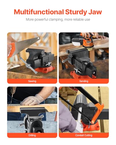 VEVOR Bench Vise, 5" Jaw Width, 5" Max Jaw Opening Multipurpose Vise with 360° Swivel Locking Base, 2.8" Throat Depth, Heavy Duty Ductile Iron Workbench Vise with Anvil, for Clamping Round Pipes - size: 5-inch
