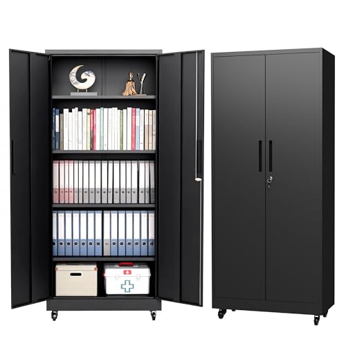 Metal Storage Cabinet with Wheels, 74.5" Garage Storage Cabinet with 4 Adjustable Shelves & Lockable Doors, Heavy Duty Garage Cabinets for Office, Home, Garage, Gym, School - size: 74.5"H x 15.75"D x 31.5"W
