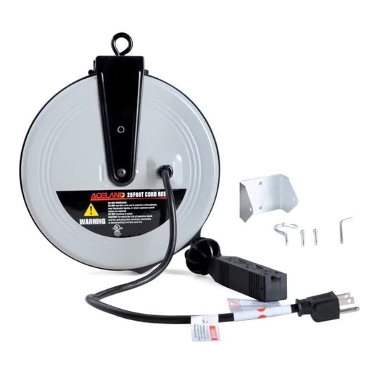 25 FT Retractable Extension Cord Reel with 3 Electrical Outlets, 16AWG/3C SJTW Power Cord for Indoor & Outdoor Use, UL Listed