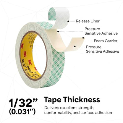 3M 4032 Double Coated Urethane Foam Tape, Bonding, Attaching, Mounting, White, 1 in x 5 yd, 1 Roll