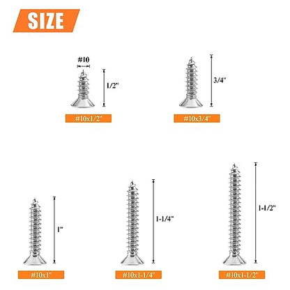 #10 x 1/2" 3/4" 1" 1-1/4" 1-1/2" Wood Screws Set, HELIFOUNER 110 Pieces Phillips Countersunk Head Self-Tapping Screws Assortment Kit, Phillips Flat Head Wood Screws, 304 Stainless Steel - size: #10