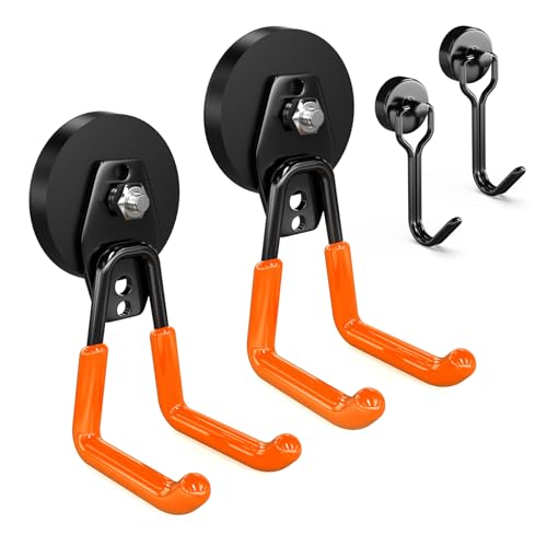 3-H Extra Strong Magnetic Hooks,Heavy Duty Large Anti-Slip Magnet Hooks,No-Drill Tool Holder for Garage,Power Drill,Garden Tools,Hose Storage,2 Pack Orange - color: Orange, size: 2.6"x2-su