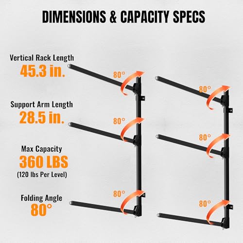 Kayak Wall Mount Rack, 45.3" Heavy Duty Canoe Storage Brackets, Foldable Space Saving Hanger, 304 Stainless Steel for Outdoor & Indoor, Fits SUP/Paddle Board(Black, 2-Tier) - size: H45.3"-2Kayaks-Wall Mount