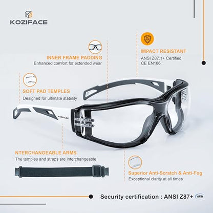 Koziface S30 Safety Glasses for Men and Women Adjustable Elastic Headband Strap and Arms 2 Ways to wear Stylish ANSI Z87.1+ Impact Resistant, Wraparound Dust Protection Work Goggles for Indoor/Outdoor