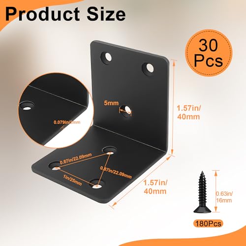 30 Pack Angle Brackets, 1.5" x 1.5" Black Heavy Duty Stainless Steel Corner Brace, L Shaped Shelf Bracket 90 Degree Corner Bracket for Wood Furniture Cabinets Shelves - size: 1.5"x1.5"(black)