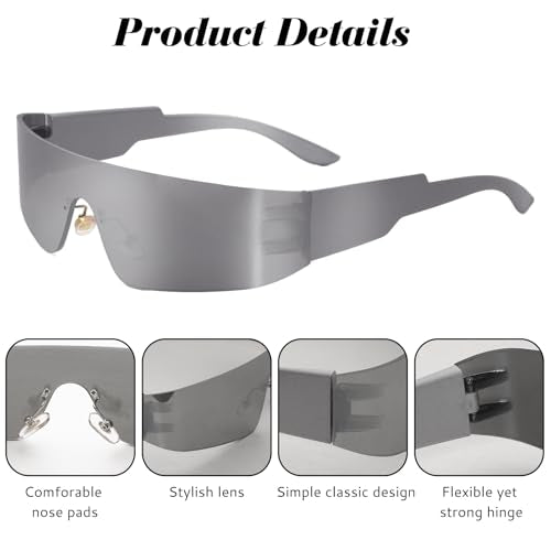 2 Pcs Futuristic Wrap Around Sunglasses Y2K Fashion Trendy Rimless Glasses Punk Eyewear for Women Men - color: Black+silver