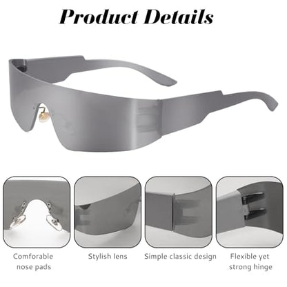 2 Pcs Futuristic Wrap Around Sunglasses Y2K Fashion Trendy Rimless Glasses Punk Eyewear for Women Men - color: Black+silver