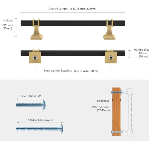 Haliwu 6 Pack 6-1/4 Inch Black and Gold Cabinet Pulls Matte Black Drawer Handles Square 2 Tone Hardware for Kitchen Cupboard - color: Black and Matte Gold, size: 160mm(6-1/4 inch)